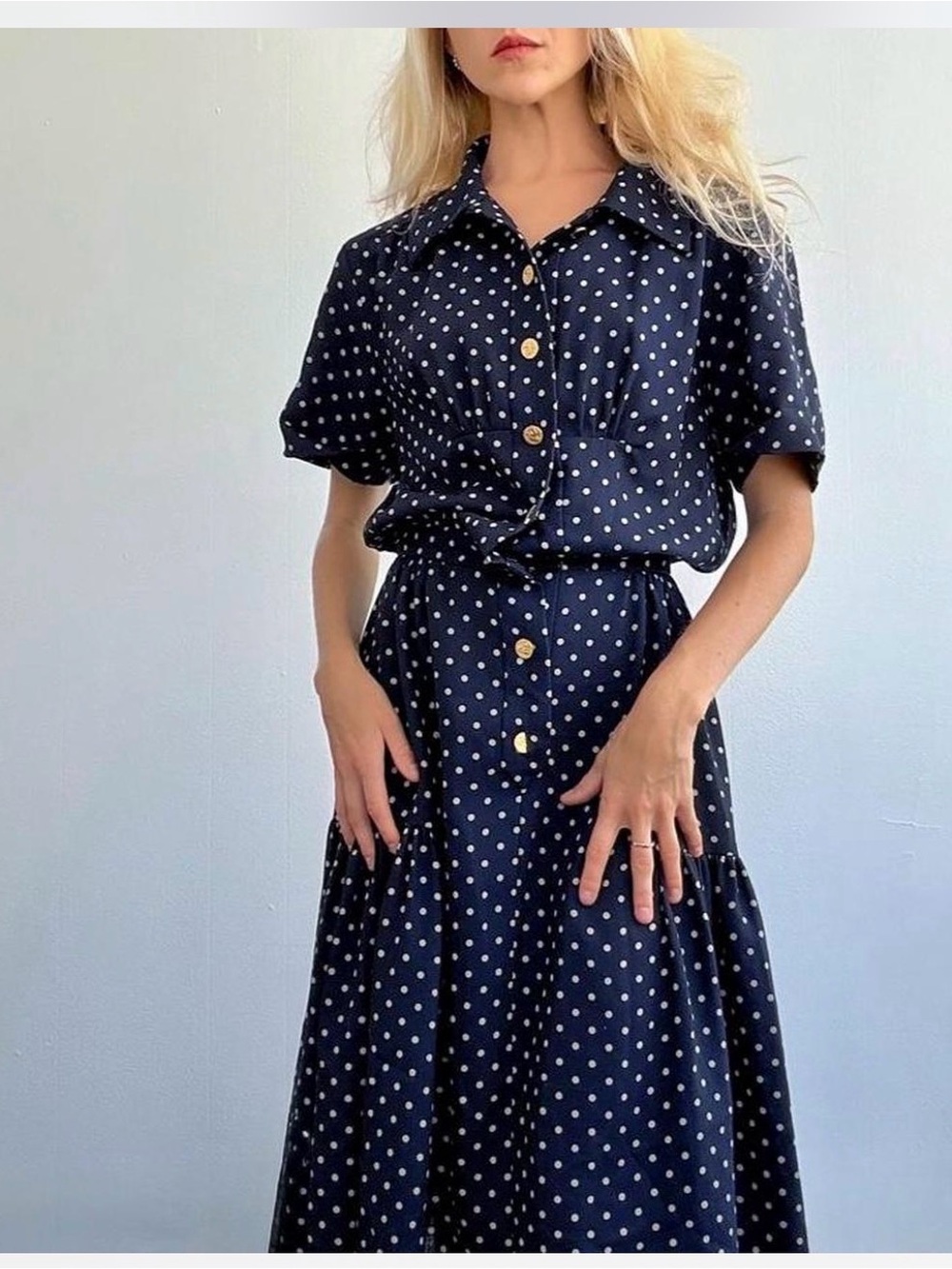 CHANEL Navy Polka Dot Maxi Skirt with Gold Buttons